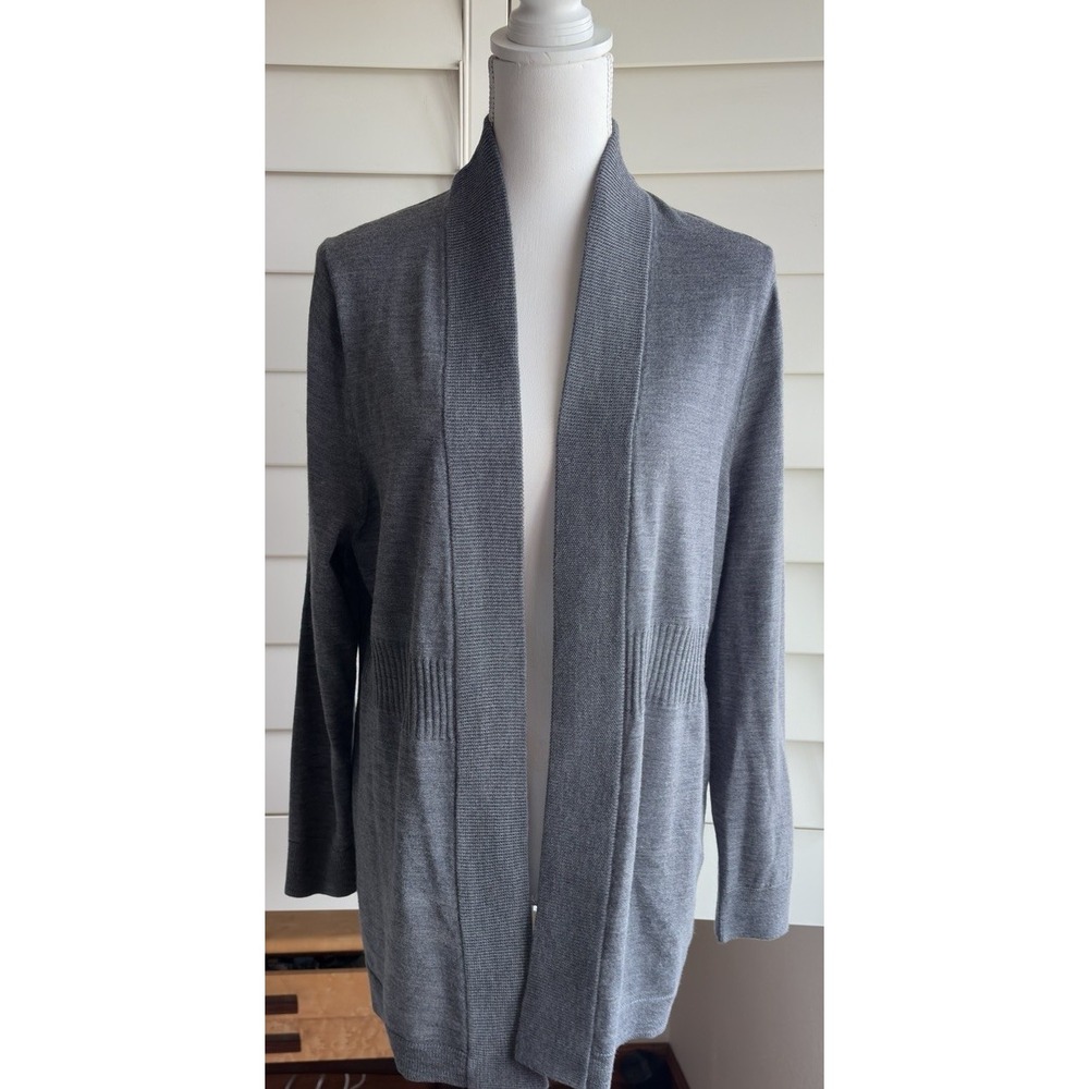 Talbots Petites L 100% Merino Wool Gray Long Cardigan Minimalist Quiet Luxury